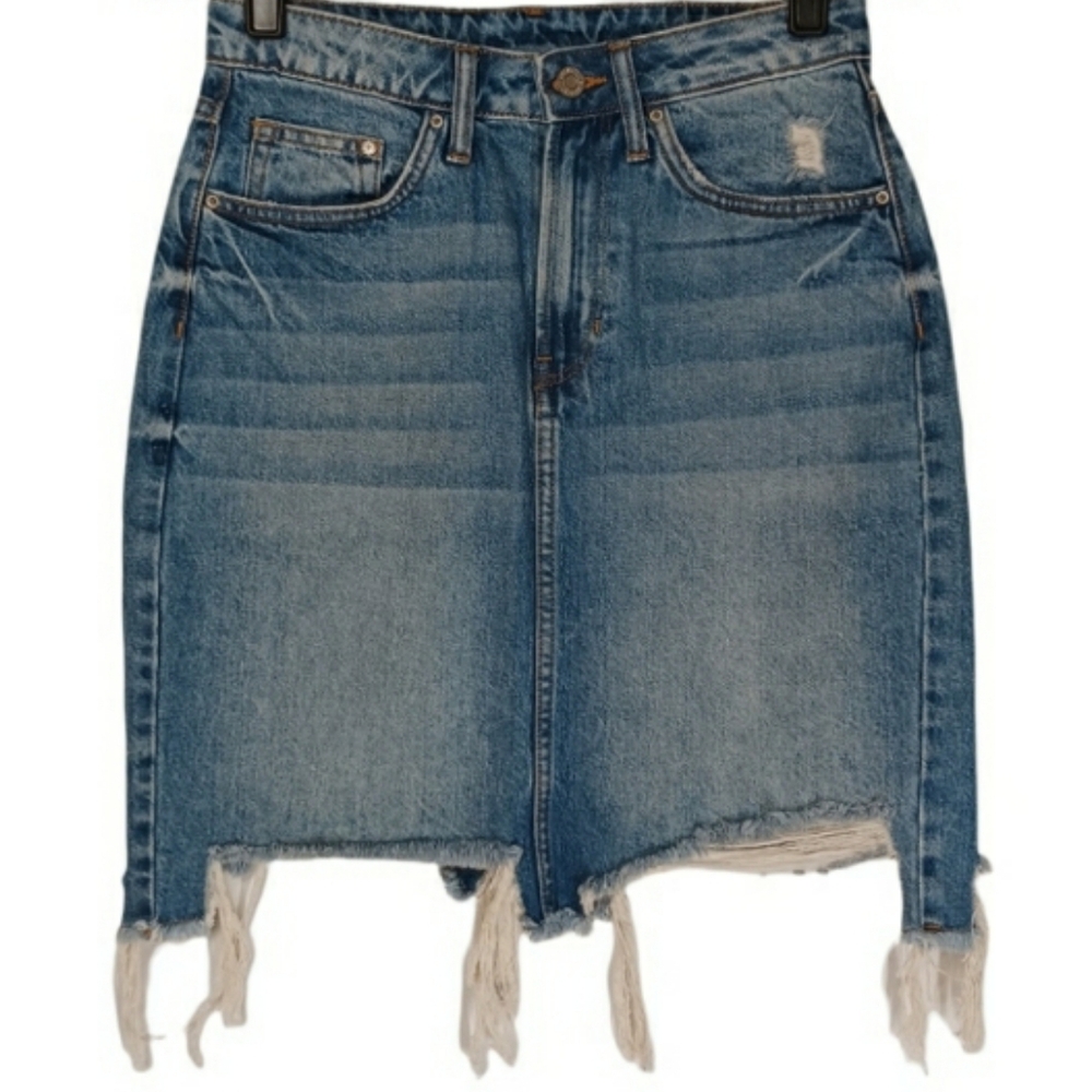 H&M Distressed Medium Blue Raw Cut Out Hem Jean Denim Skirt 6 (Size Small)